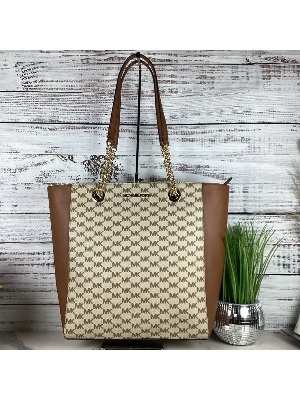 Michael‎ Kors Jet Set Chain Large work Tote Bag Brown tan signature laptop NWT
